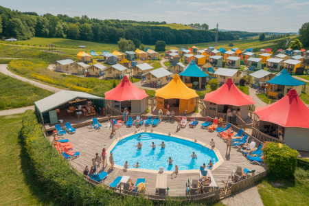 vue-aerienne-camping-tentes-piscine