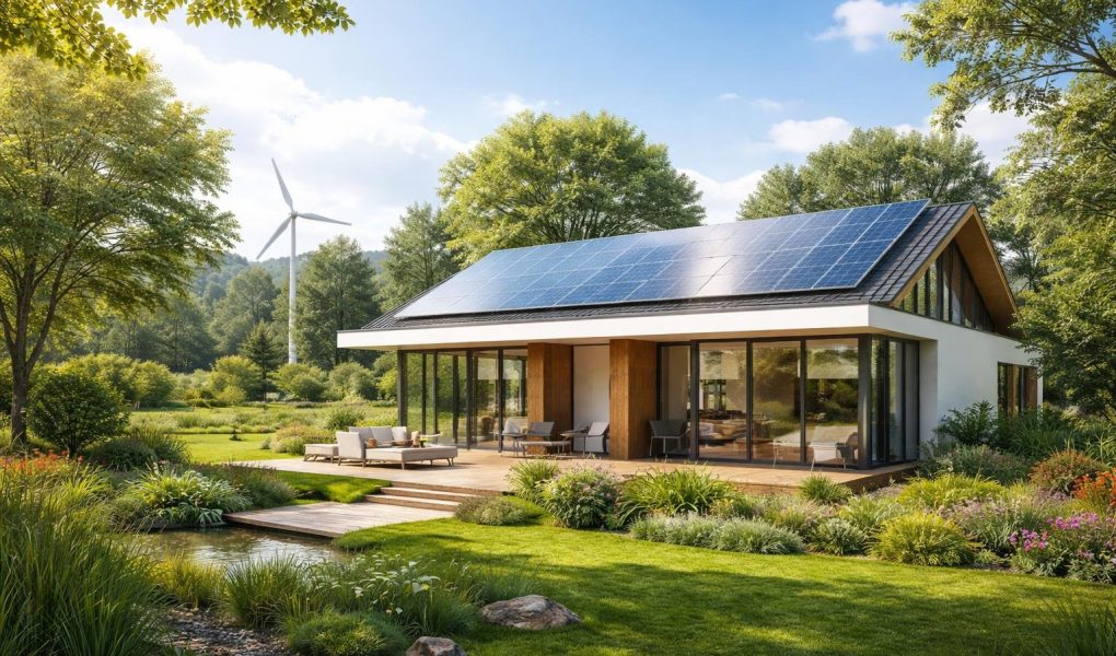 maison-ecologique-panneaux-solaires-verdure-jardin