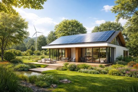 maison-ecologique-panneaux-solaires-verdure-jardin