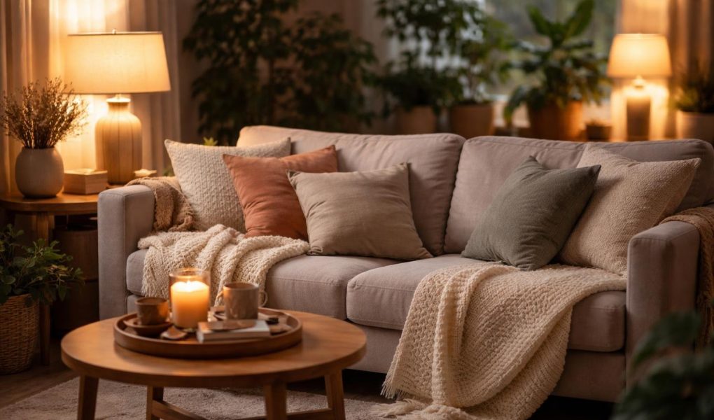 salon-confortable-coussins-canape-lampe-plantes