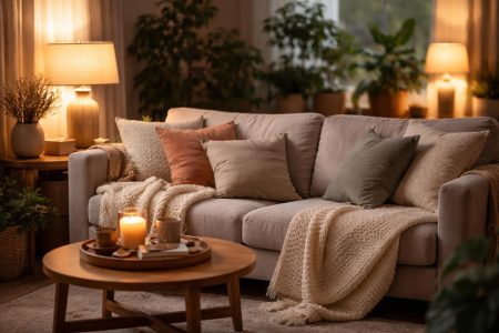 salon-confortable-coussins-canape-lampe-plantes