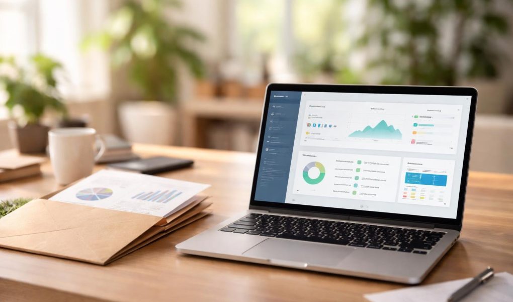 bureau-ordinateur-documents-financiers-plantes