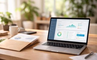 bureau-ordinateur-documents-financiers-plantes