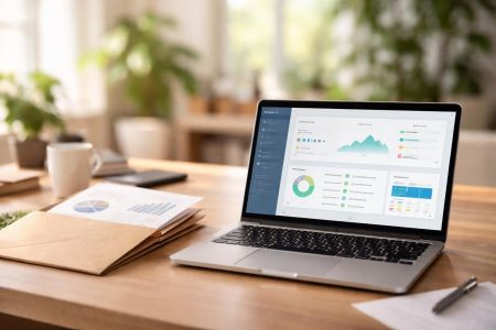 bureau-ordinateur-documents-financiers-plantes