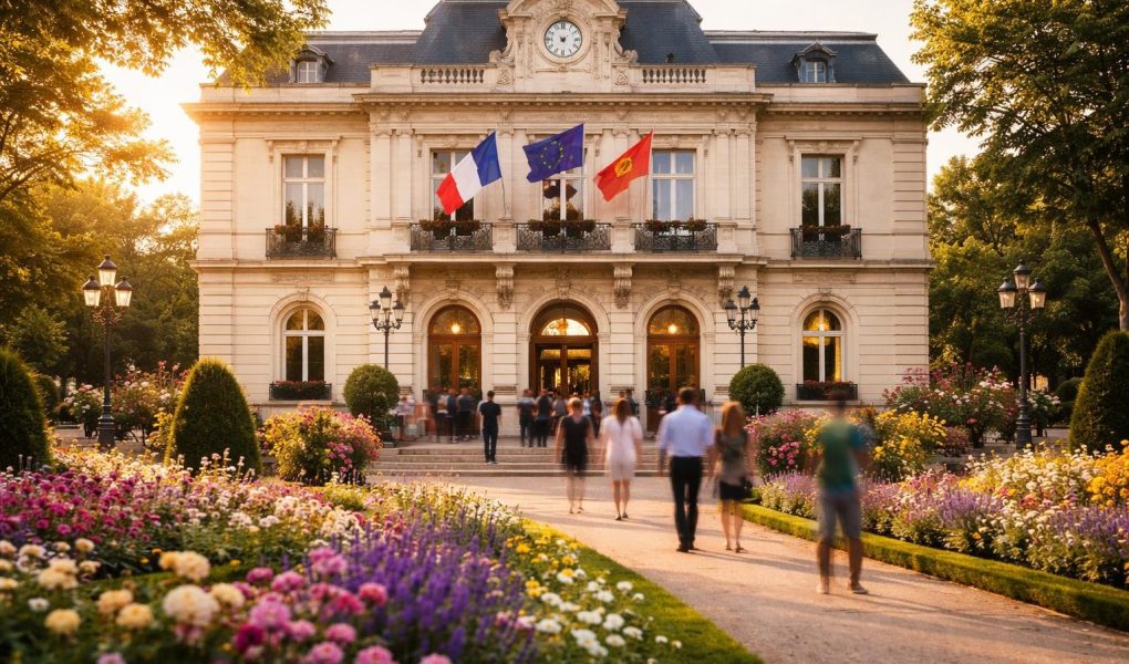 batiment-municipal-drapeaux-jardin-fleuri
