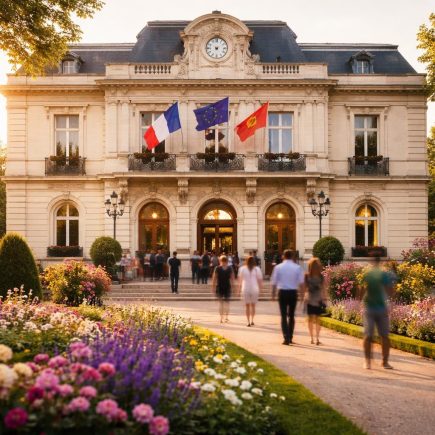 batiment-municipal-drapeaux-jardin-fleuri