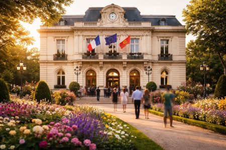 batiment-municipal-drapeaux-jardin-fleuri