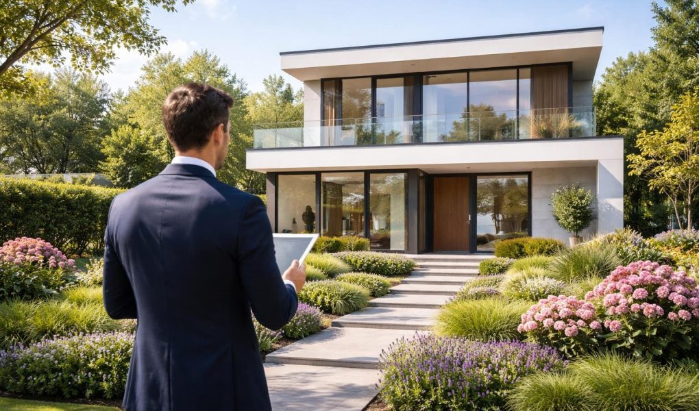 maison-moderne-agent-immobilier-jardin