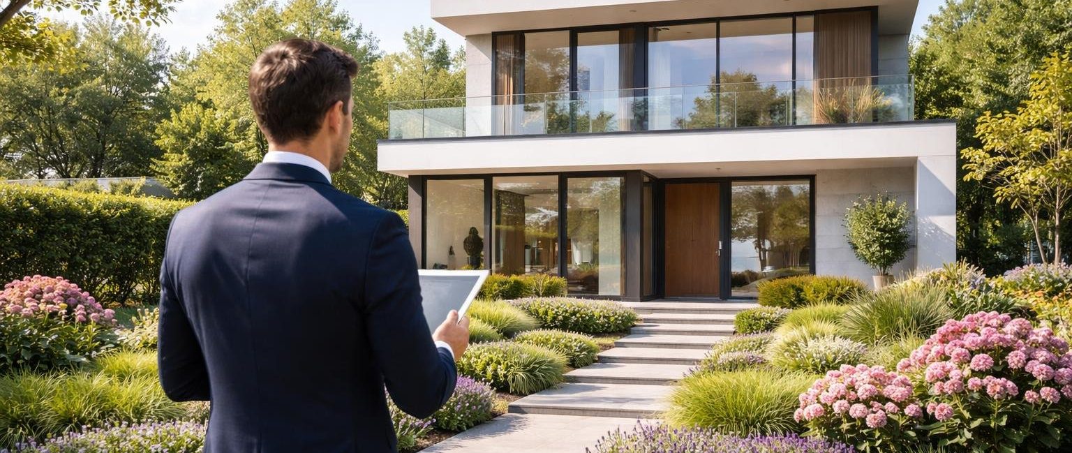 maison-moderne-agent-immobilier-jardin